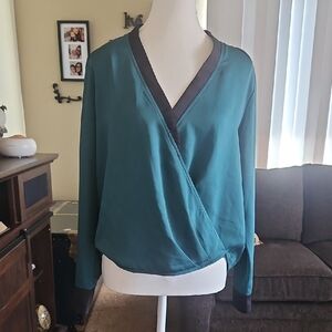 BCBGMaxAzria Teal Wrap-Front Long Sleeve Blouse with Dark Trim